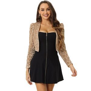 Sequin Shrug Open Front Collarless Party Glitter Sparkly Crop Jacket Champagne